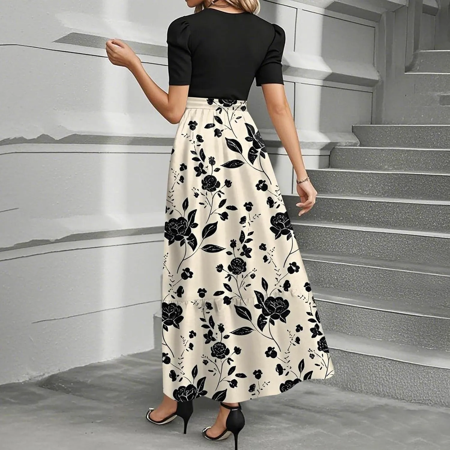 Womens Summer Dresses Trendy Floral Print Short Sleeve Wrap Flowy Maxi Sundress Elegant Ruffle Hem Cocktail Dress