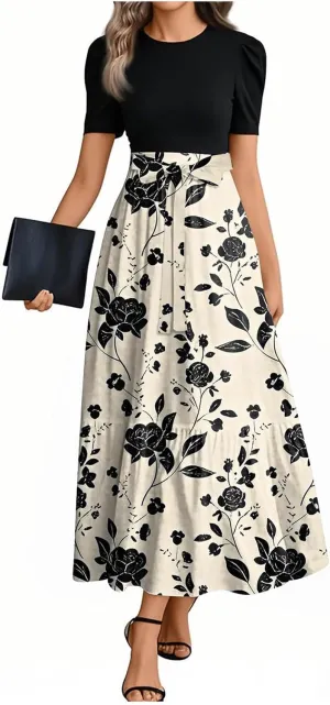 Womens Summer Dresses Trendy Floral Print Short Sleeve Wrap Flowy Maxi Sundress Elegant Ruffle Hem Cocktail Dress