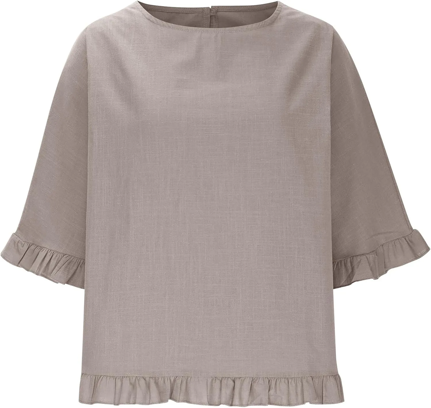 Womens Summer Linen Shirts Cute Ruffle Elbow Sleeve Cotton Tops Casual Crew Neck Plain Tshirt Loose Peasant Blouses