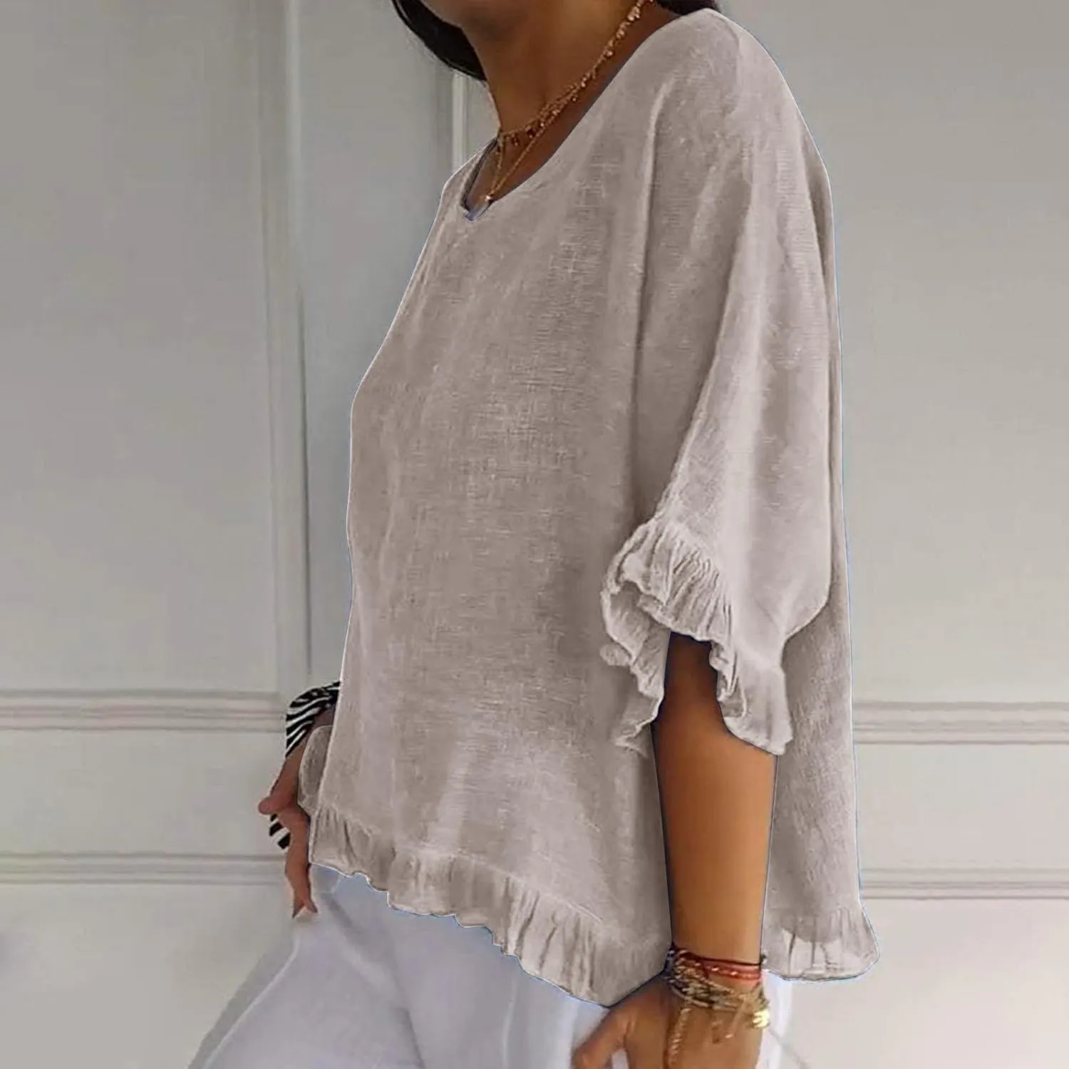 Womens Summer Linen Shirts Cute Ruffle Elbow Sleeve Cotton Tops Casual Crew Neck Plain Tshirt Loose Peasant Blouses