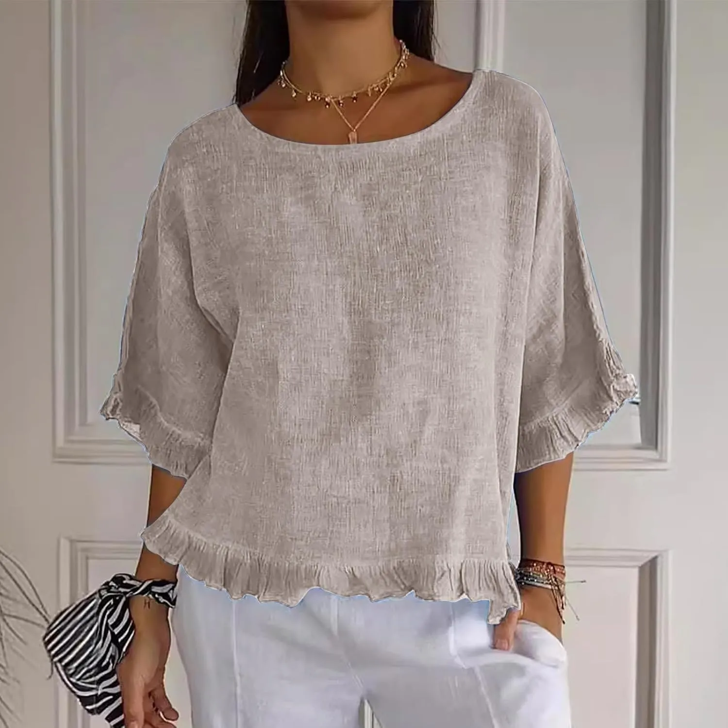 Womens Summer Linen Shirts Cute Ruffle Elbow Sleeve Cotton Tops Casual Crew Neck Plain Tshirt Loose Peasant Blouses