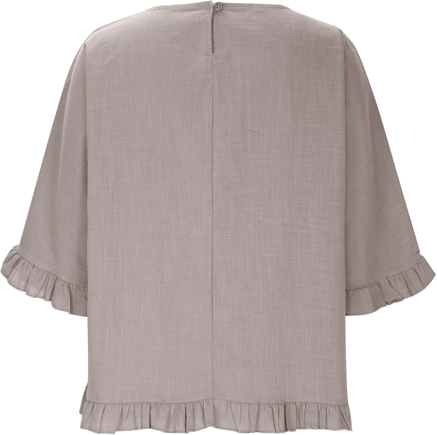 Womens Summer Linen Shirts Cute Ruffle Elbow Sleeve Cotton Tops Casual Crew Neck Plain Tshirt Loose Peasant Blouses