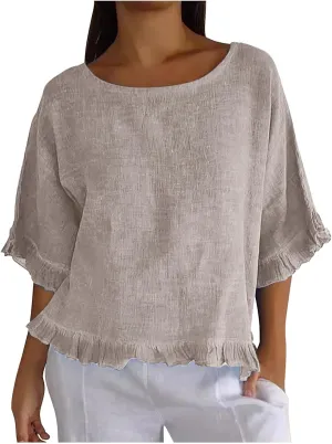 Womens Summer Linen Shirts Cute Ruffle Elbow Sleeve Cotton Tops Casual Crew Neck Plain Tshirt Loose Peasant Blouses