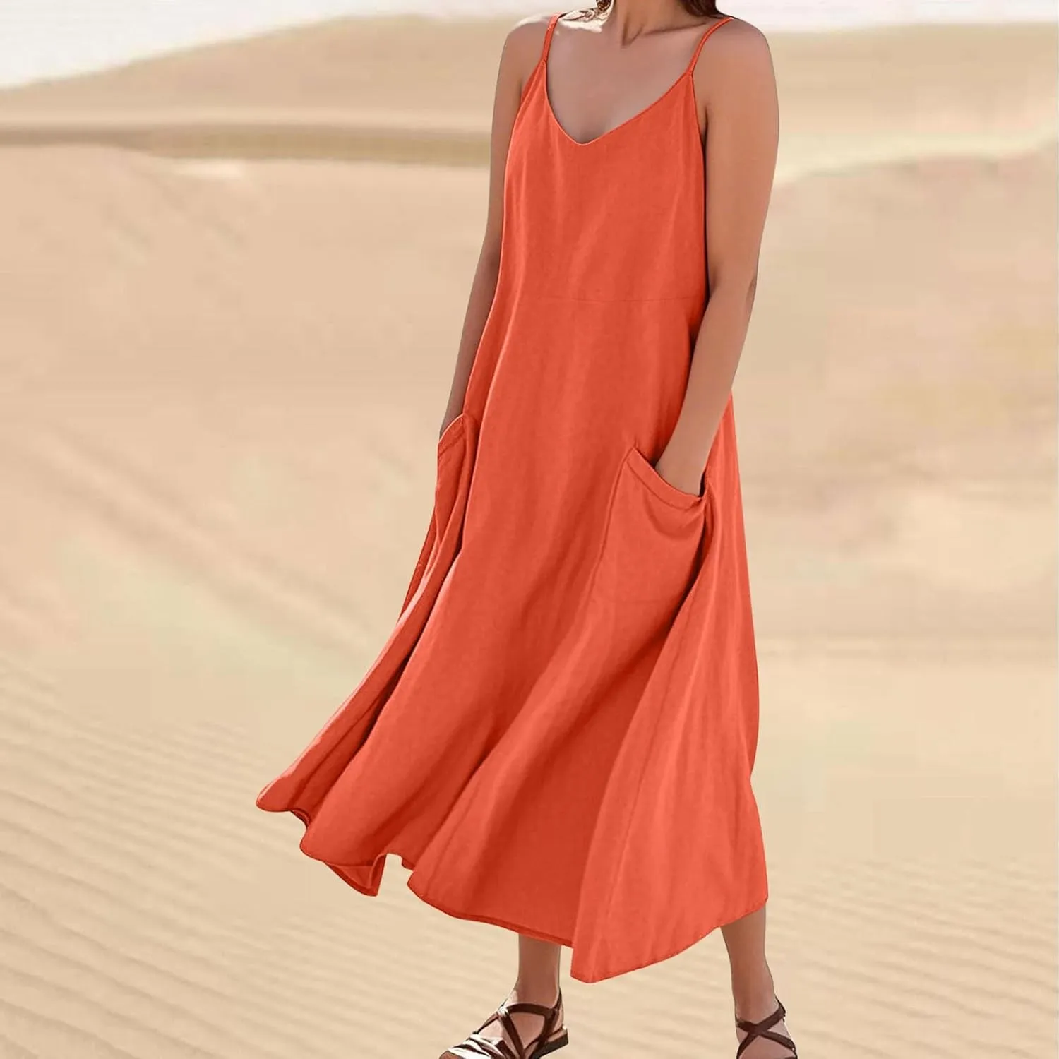 Women's Summer Maxi Dress Casual Boho Spaghetti Strap Dresses Beach Vacation Pockets Sundress Solid Travel Clothes