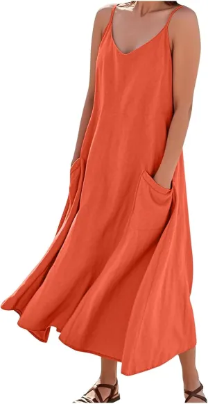 Women's Summer Maxi Dress Casual Boho Spaghetti Strap Dresses Beach Vacation Pockets Sundress Solid Travel Clothes