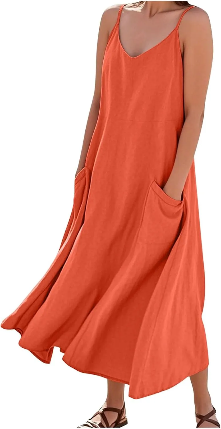 Women's Summer Maxi Dress Casual Boho Spaghetti Strap Dresses Beach Vacation Pockets Sundress Solid Travel Clothes