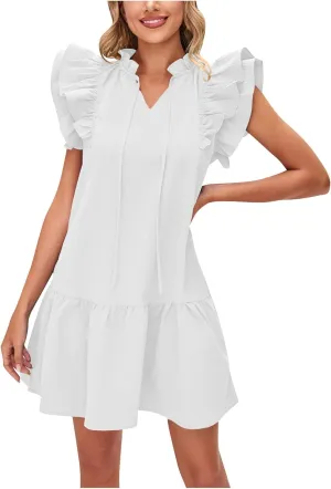 Women's Summer Mini Dresses 2025 Drawstring V Neck Casual Short Dress Ruffle Cap Sleeve Pleated Swing Sundress