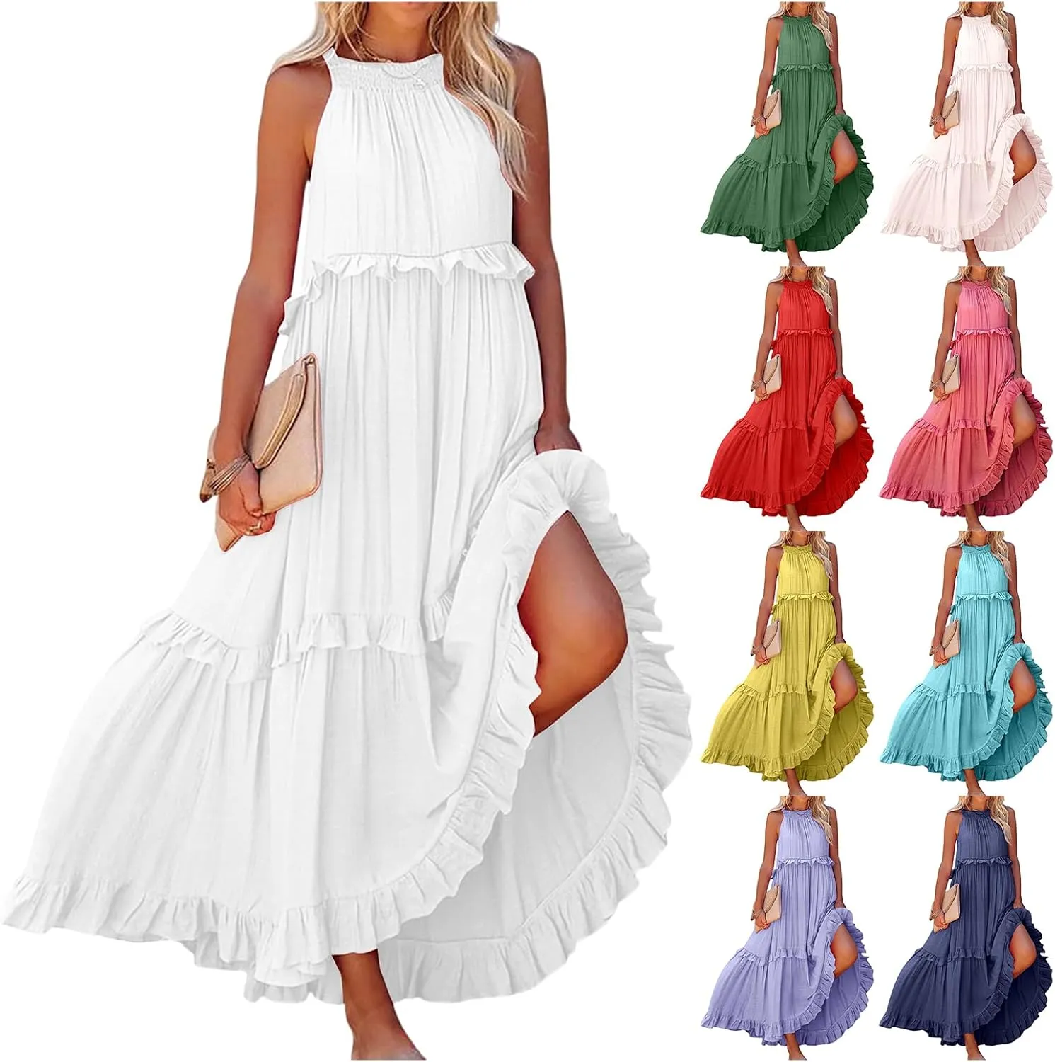 Womens Summer Sleeveless Dress Halter Tie Back Loose Flowy Ruffle Tiered Maxi Dress Beach Swing Long Dresses Sundress