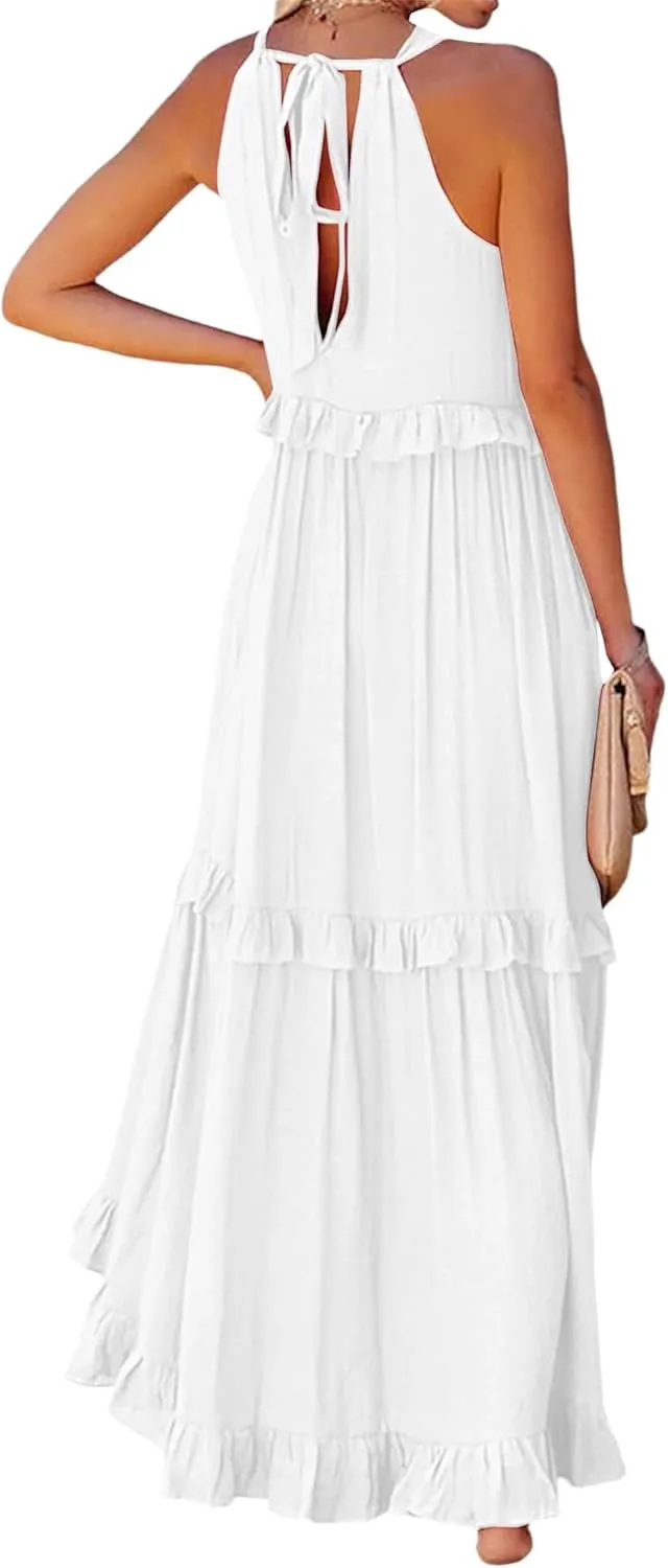Womens Summer Sleeveless Dress Halter Tie Back Loose Flowy Ruffle Tiered Maxi Dress Beach Swing Long Dresses Sundress