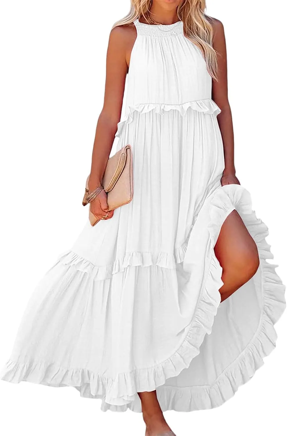 Womens Summer Sleeveless Dress Halter Tie Back Loose Flowy Ruffle Tiered Maxi Dress Beach Swing Long Dresses Sundress