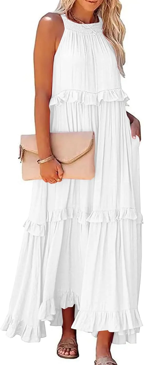 Womens Summer Sleeveless Dress Halter Tie Back Loose Flowy Ruffle Tiered Maxi Dress Beach Swing Long Dresses Sundress