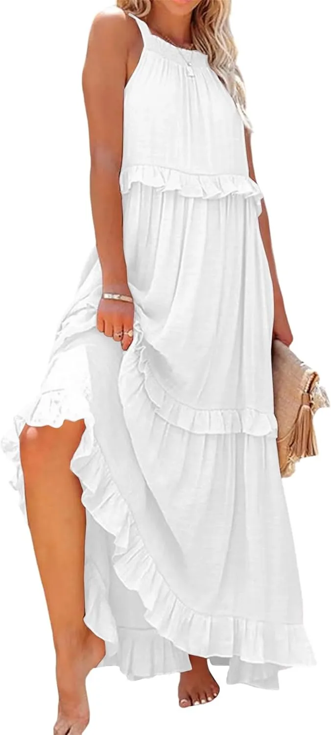 Womens Summer Sleeveless Dress Halter Tie Back Loose Flowy Ruffle Tiered Maxi Dress Beach Swing Long Dresses Sundress