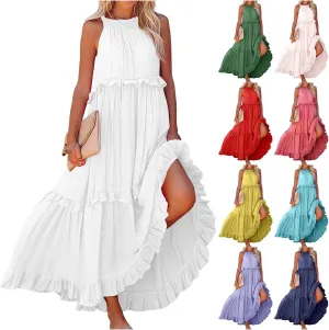 Womens Summer Sleeveless Dress Halter Tie Back Loose Flowy Ruffle Tiered Maxi Dress Beach Swing Long Dresses Sundress