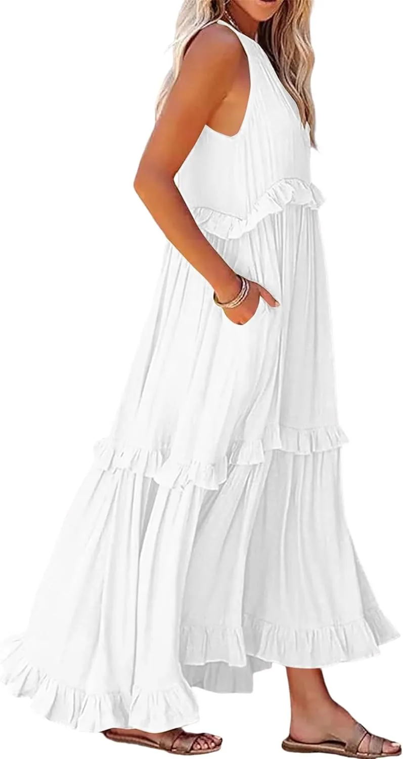 Womens Summer Sleeveless Dress Halter Tie Back Loose Flowy Ruffle Tiered Maxi Dress Beach Swing Long Dresses Sundress