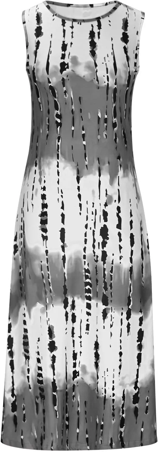 Womens Summer Sleeveless Tank Maxi Dress 2025 Fashion Tie Dye Crewneck Beach Dresses Y2K Casual Loose Slits Sundress