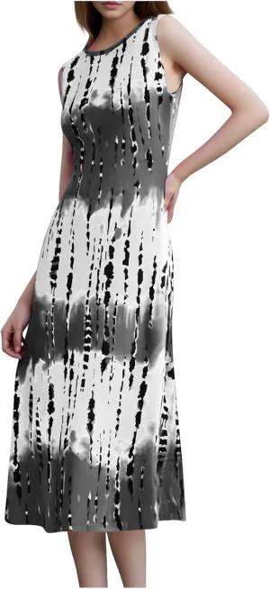 Womens Summer Sleeveless Tank Maxi Dress 2025 Fashion Tie Dye Crewneck Beach Dresses Y2K Casual Loose Slits Sundress