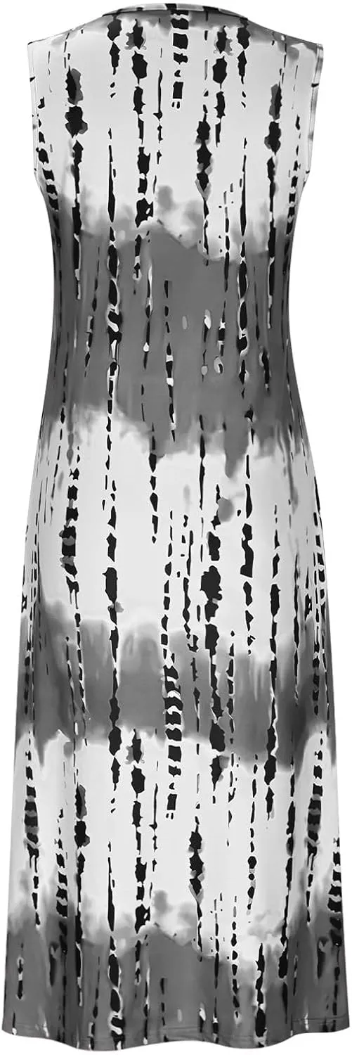 Womens Summer Sleeveless Tank Maxi Dress 2025 Fashion Tie Dye Crewneck Beach Dresses Y2K Casual Loose Slits Sundress