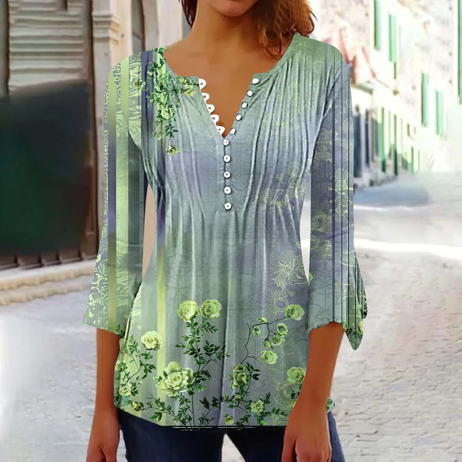 Women's Summer Tops Vintage Print Button Down 3/4 Sleeve Shirts Causal Empire Waist Boho Floral Print Tunic Shirts