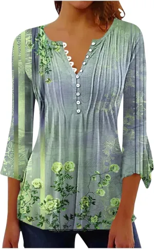 Women's Summer Tops Vintage Print Button Down 3/4 Sleeve Shirts Causal Empire Waist Boho Floral Print Tunic Shirts