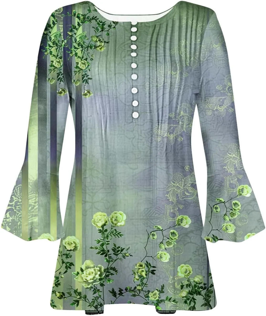 Women's Summer Tops Vintage Print Button Down 3/4 Sleeve Shirts Causal Empire Waist Boho Floral Print Tunic Shirts