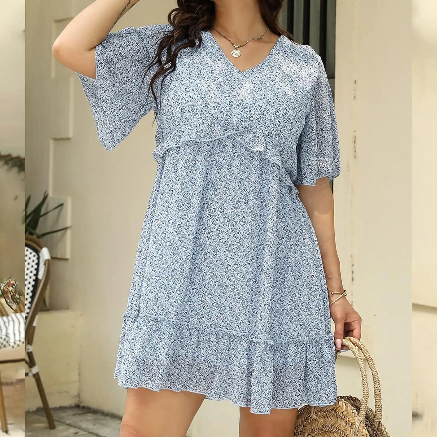 Women's Summer Wrap V Neck Polka Dot Print Ruffle Short Sleeve Mini Floral Dress with Tennis Dresses for Women