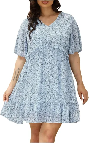 Women's Summer Wrap V Neck Polka Dot Print Ruffle Short Sleeve Mini Floral Dress with Tennis Dresses for Women