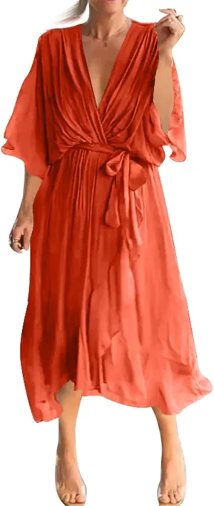 Women's Sundresses 2025 Vacation Seven Sleeve Split Loose Light Irregular Plus Size Midi Dress Casual, S-5XL