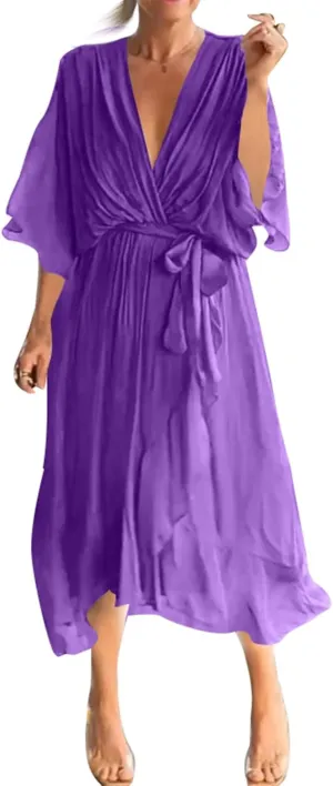 Women's Sundresses 2025 Vacation Seven Sleeve Split Loose Light Irregular Plus Size Midi Dress Casual, S-5XL