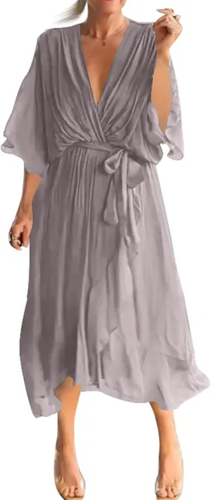 Women's Sundresses 2025 Vacation Seven Sleeve Split Loose Light Irregular Plus Size Midi Dress Casual, S-5XL