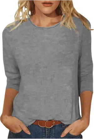 Womens Tops 3/4 Sleeve Shirts Crew Neck Loose Casual Dressy Blouses Floral Fashion Print Tshirts Plain Basic Cute Tees