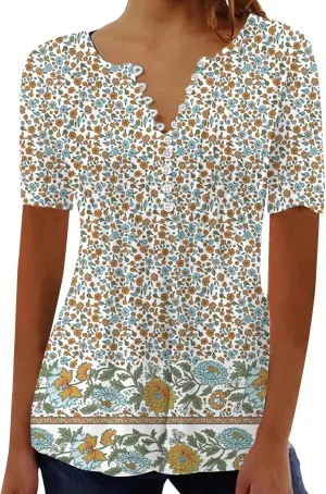 Womens Tops Dressy Casual 2023 Fashion Floral Print Tunic Plus Size Short Sleeve v Neck Henley Shirts