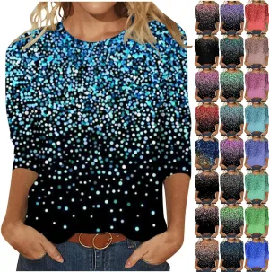 Womens Tops Dressy Casual 3/4 Sleeve Round Neck Shirt Funny False Sequin Print Loose Blouse Spring Summer Fashion Top