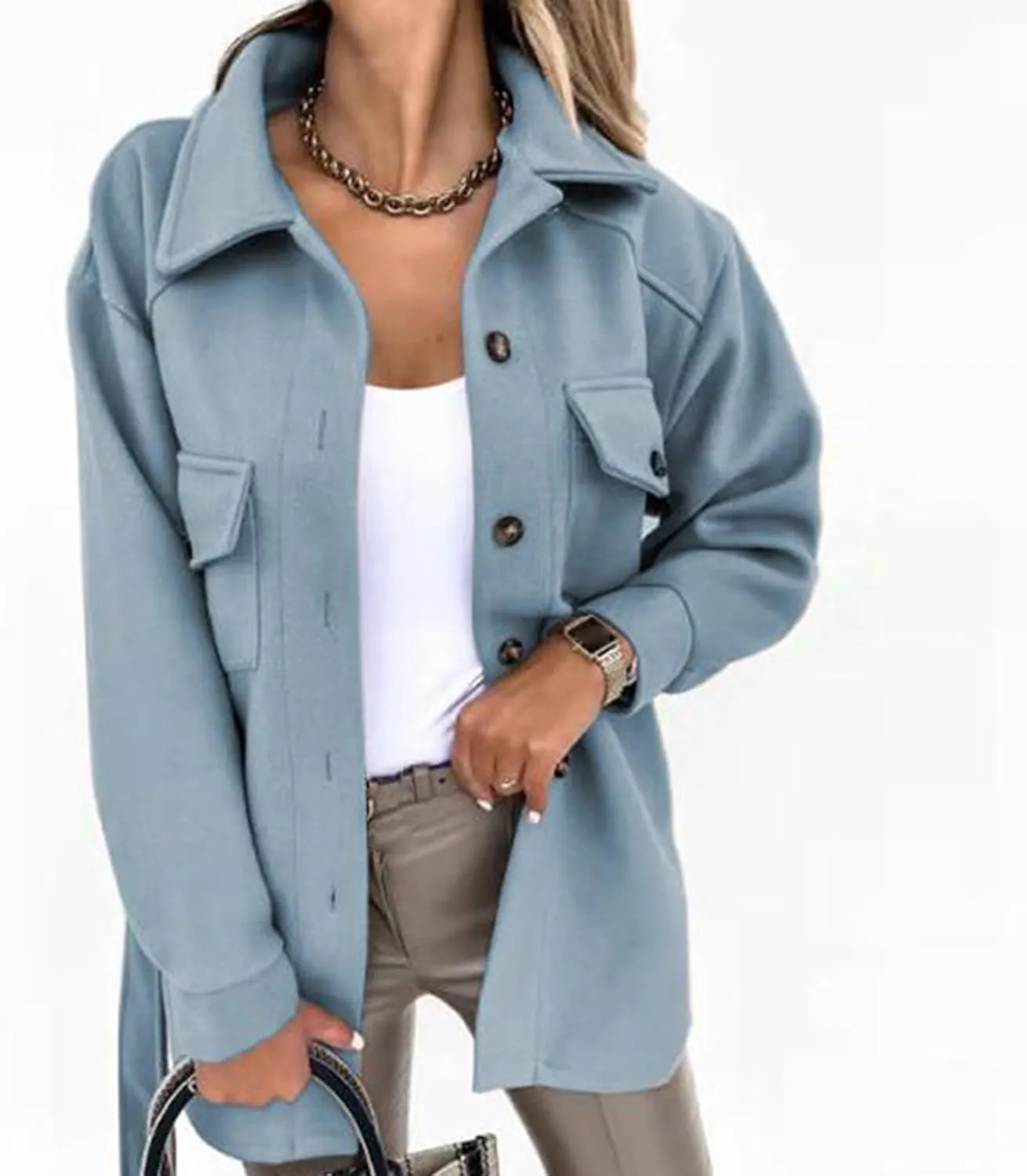 Women's Trench Coats Wool Blend Coat Fashion Button Down Peacoat with Belted Casual Fall Winter Jacket Mid-Long Outfit