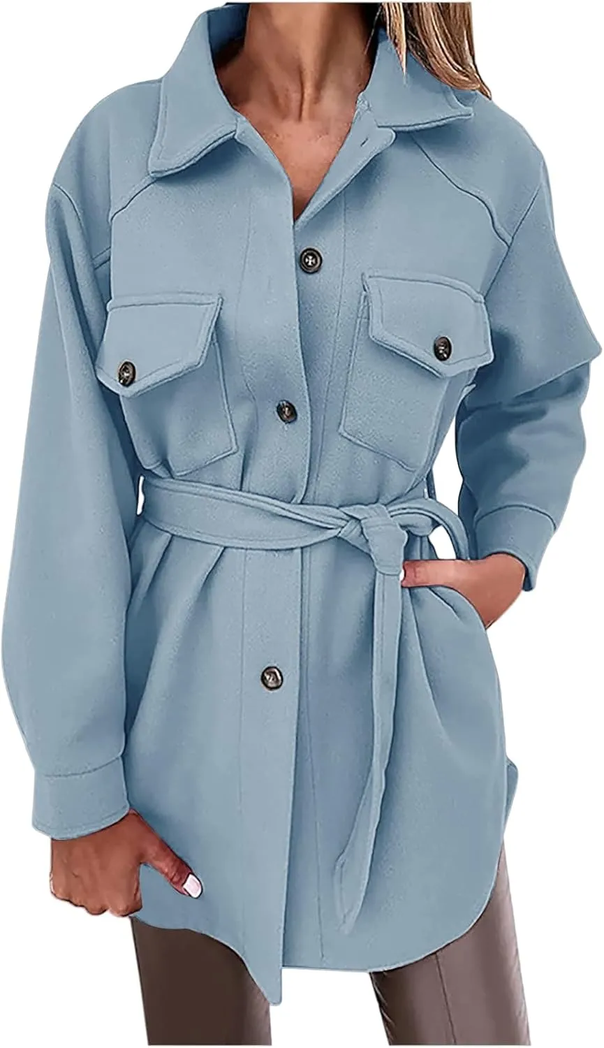 Women's Trench Coats Wool Blend Coat Fashion Button Down Peacoat with Belted Casual Fall Winter Jacket Mid-Long Outfit