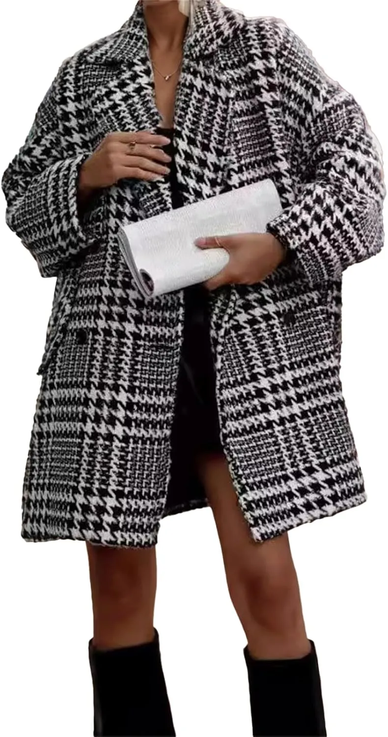 Womens Tweed Pea Coats Business Jackets Oversized Trench Coat Double Breasted Blazers Notch Lapel Overcoat Outerwear