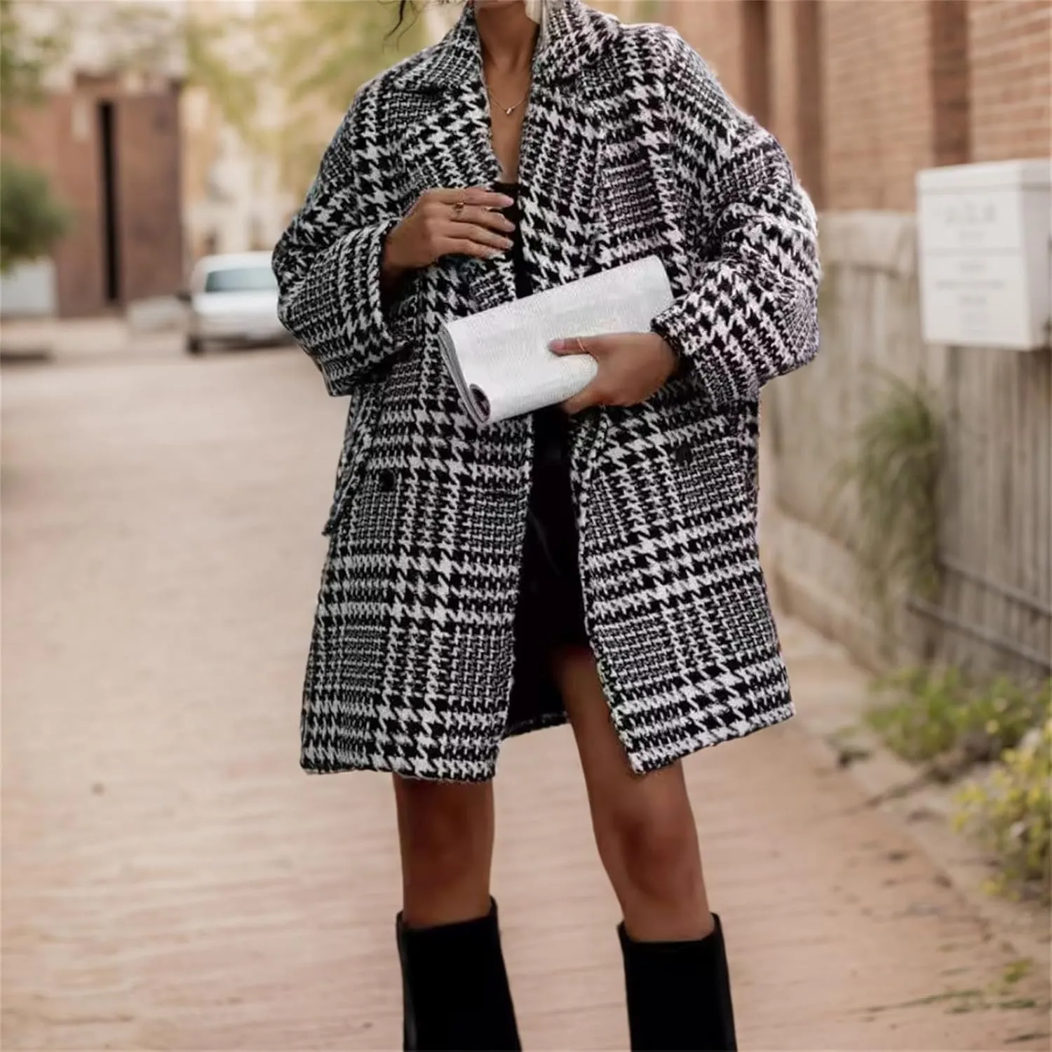 Womens Tweed Pea Coats Business Jackets Oversized Trench Coat Double Breasted Blazers Notch Lapel Overcoat Outerwear