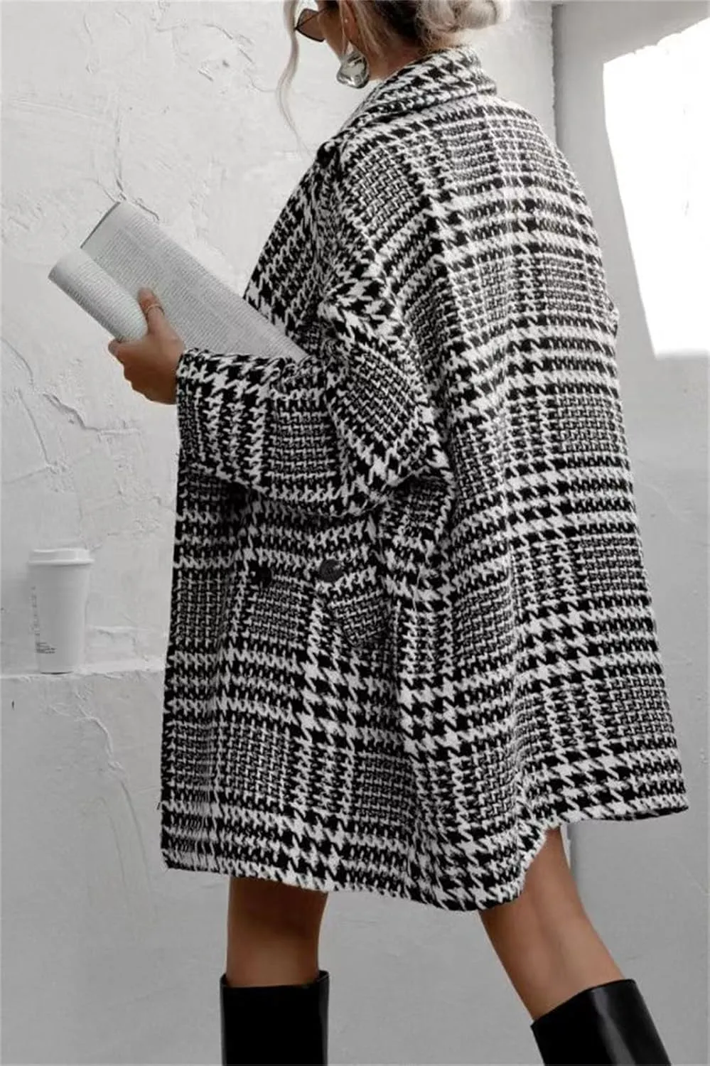 Womens Tweed Pea Coats Business Jackets Oversized Trench Coat Double Breasted Blazers Notch Lapel Overcoat Outerwear