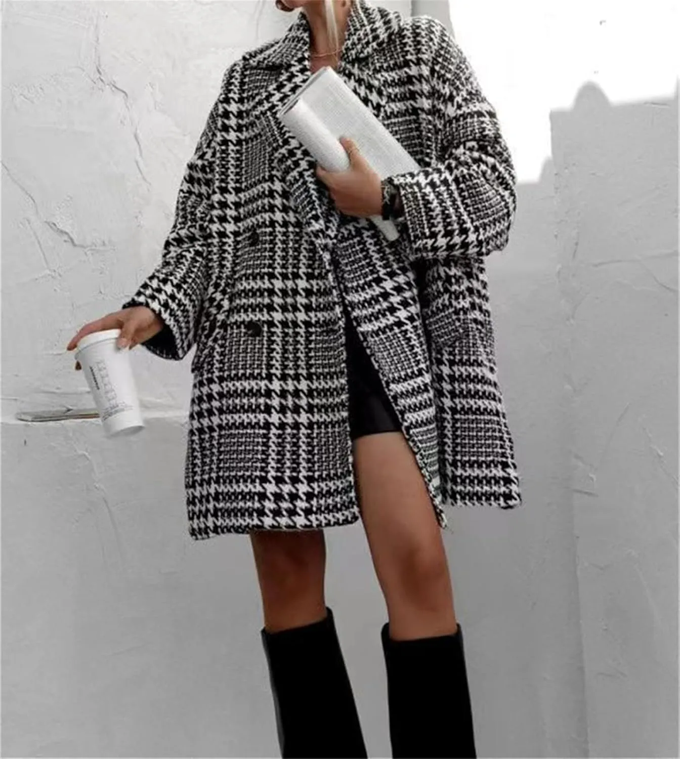 Womens Tweed Pea Coats Business Jackets Oversized Trench Coat Double Breasted Blazers Notch Lapel Overcoat Outerwear