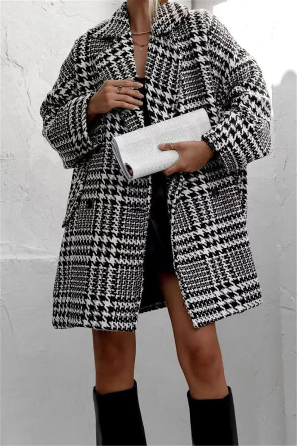 Womens Tweed Pea Coats Business Jackets Oversized Trench Coat Double Breasted Blazers Notch Lapel Overcoat Outerwear