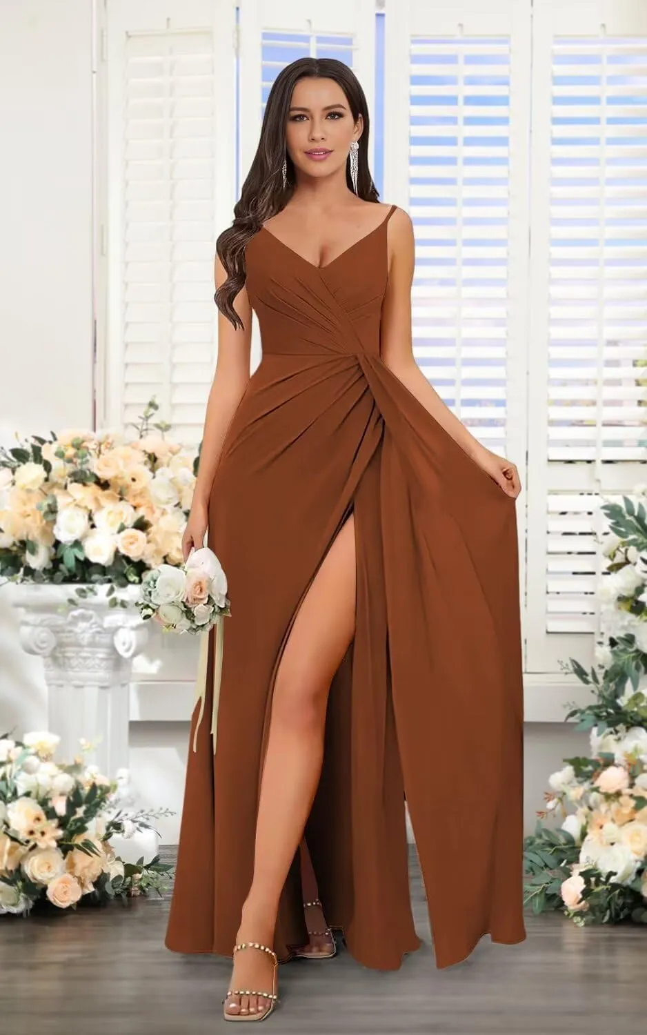 Women's V Neck Bridesmaid Dresses with Slit 2025 Chiffon Short Sleeves A Line Long Formal Gowns XOD0316