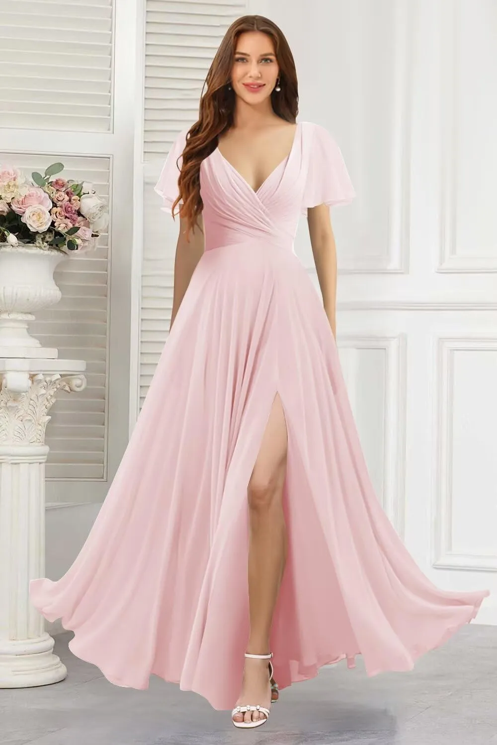 Women's V Neck Bridesmaid Dresses with Slit 2025 Chiffon Short Sleeves A Line Long Formal Gowns XOD0316