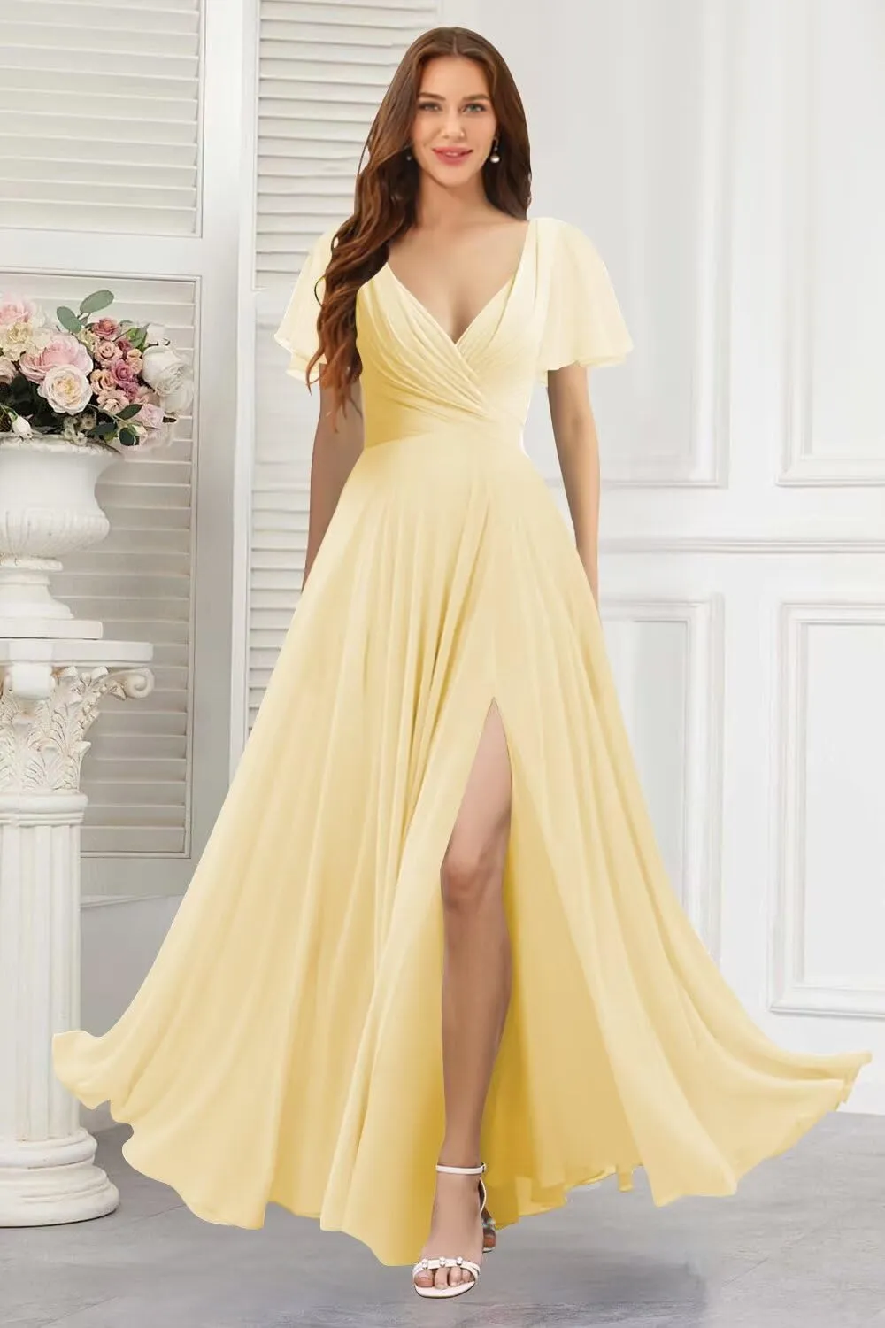 Women's V Neck Bridesmaid Dresses with Slit 2025 Chiffon Short Sleeves A Line Long Formal Gowns XOD0316
