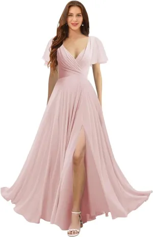 Women's V Neck Bridesmaid Dresses with Slit 2025 Chiffon Short Sleeves A Line Long Formal Gowns XOD0316