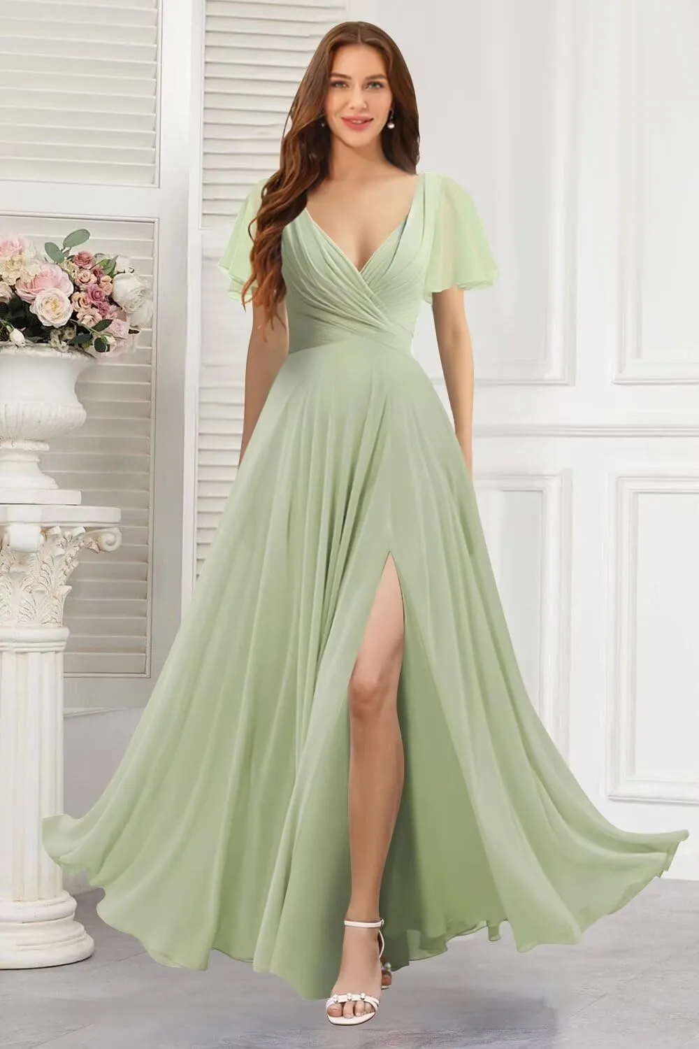 Women's V Neck Bridesmaid Dresses with Slit 2025 Chiffon Short Sleeves A Line Long Formal Gowns XOD0316