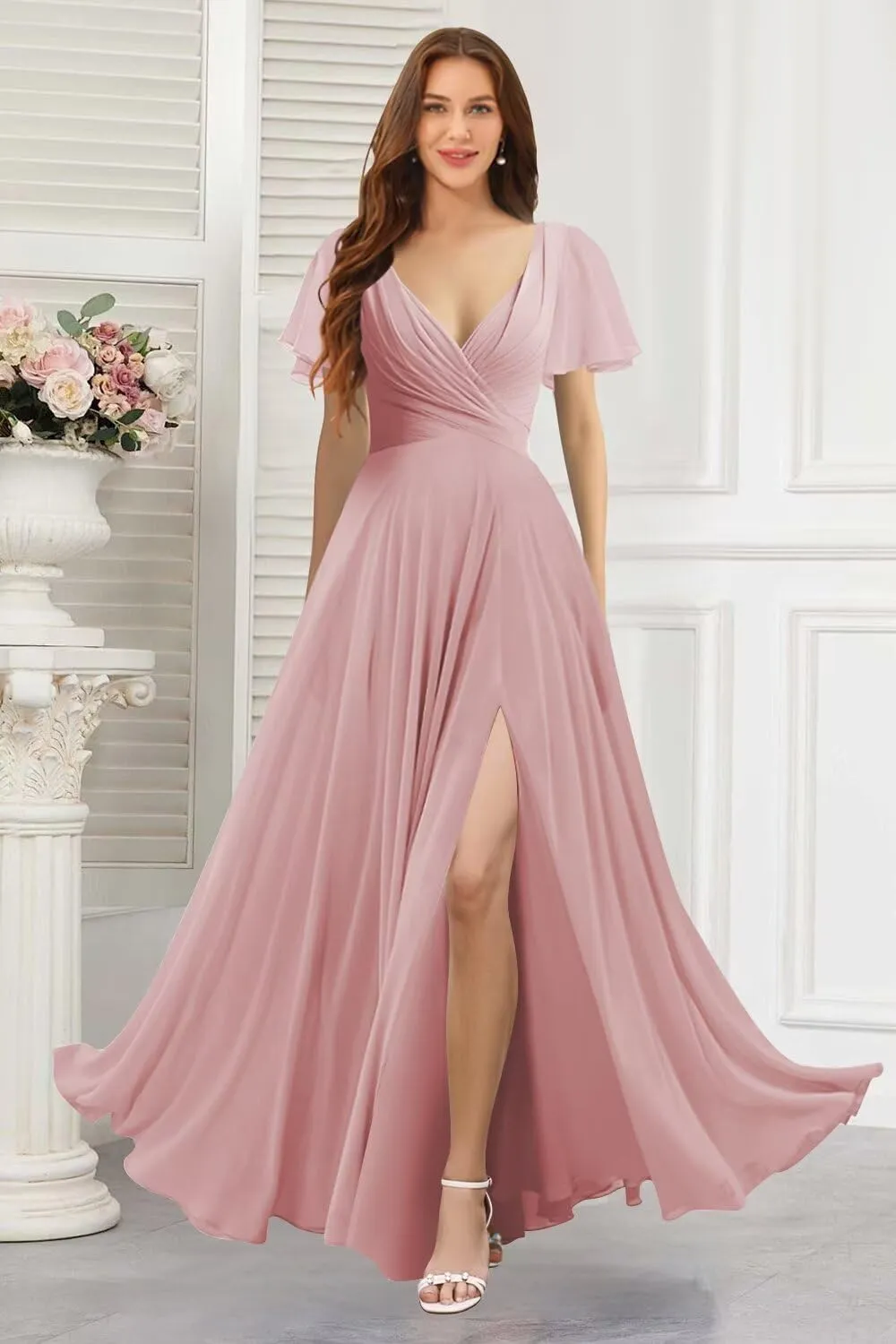 Women's V Neck Bridesmaid Dresses with Slit 2025 Chiffon Short Sleeves A Line Long Formal Gowns XOD0316