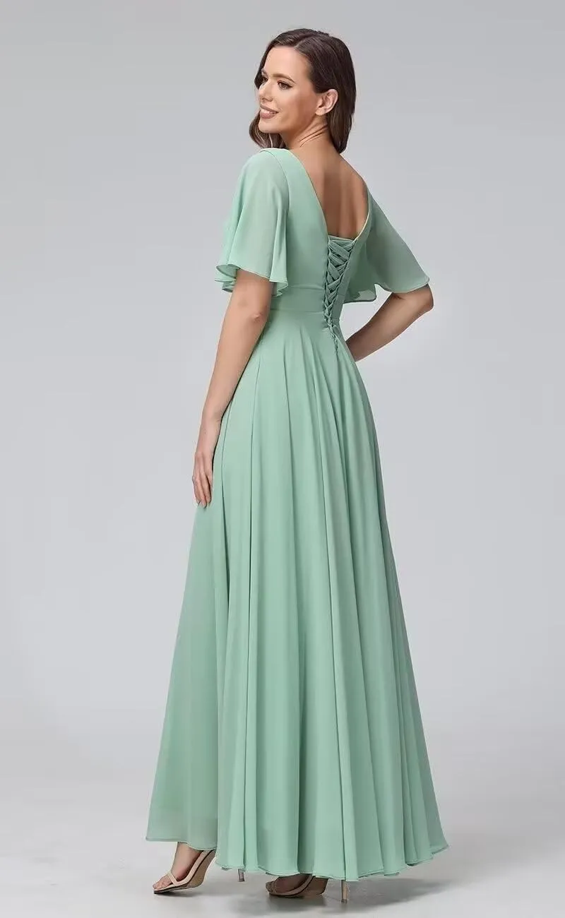 Women's V Neck Bridesmaid Dresses with Slit 2025 Chiffon Short Sleeves A Line Long Formal Gowns XOD0316