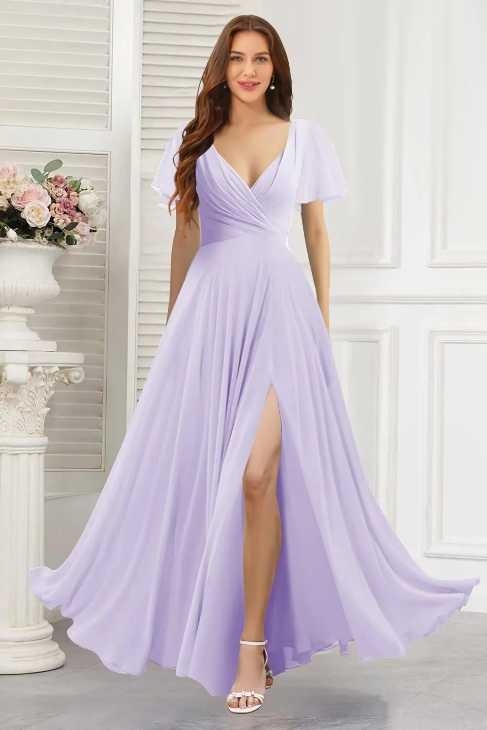 Women's V Neck Bridesmaid Dresses with Slit 2025 Chiffon Short Sleeves A Line Long Formal Gowns XOD0316