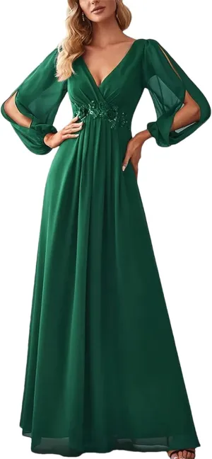 Women's V-Neck Long Lantern Sleeve Elegant Evening Dress Pretty A-Line Chiffon Burgundy Flower Belt Ball Gown