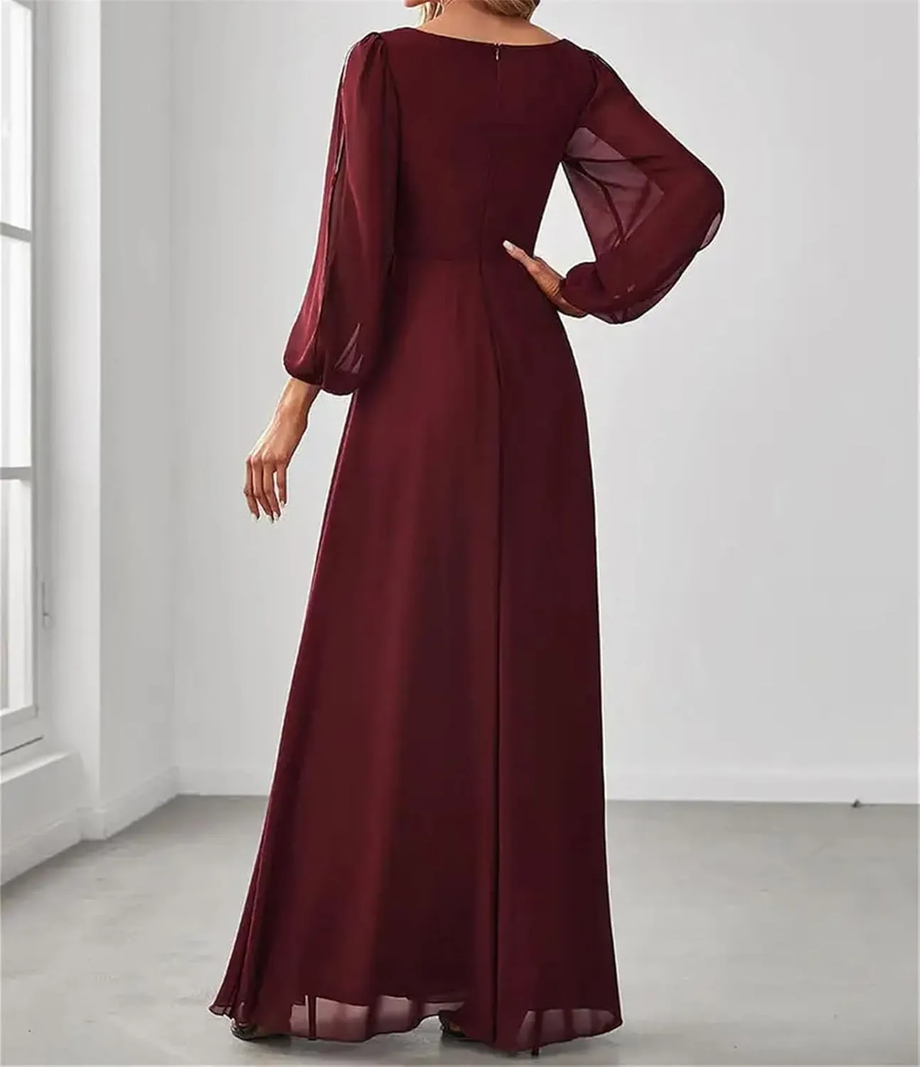 Women's V-Neck Long Lantern Sleeve Elegant Evening Dress Pretty A-Line Chiffon Burgundy Flower Belt Ball Gown