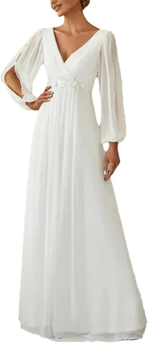 Women's V-Neck Long Lantern Sleeve Elegant Evening Dress Pretty A-Line Chiffon Burgundy Flower Belt Ball Gown